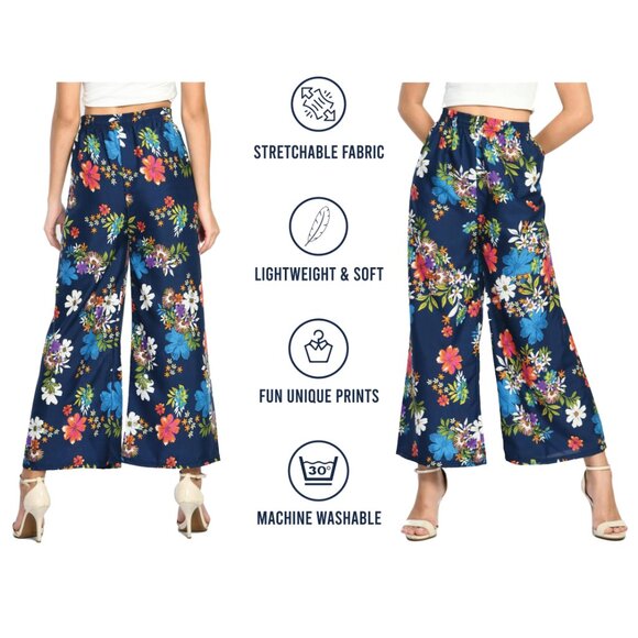 Women's Soft Cotton Blended Loose Fit Wide Leg Comfort Palazzo Printed Pants - Picture 16 of 16